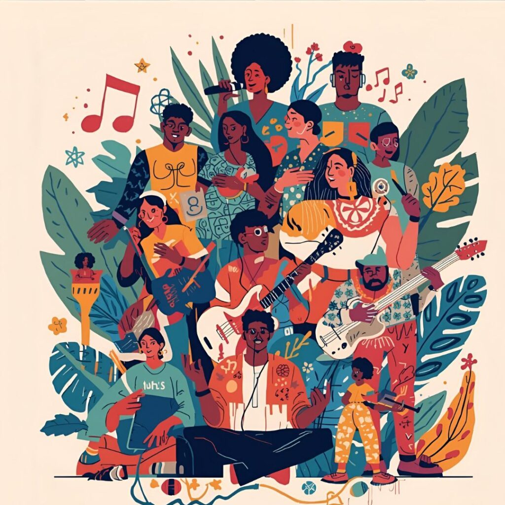Bits and Bit: Building Cross-Over Partnerships for A diverse group of independent musicians collaborating in a vibrant studio, blending instruments and digital tools, symbolizing cross-genre partnerships and new market entry.