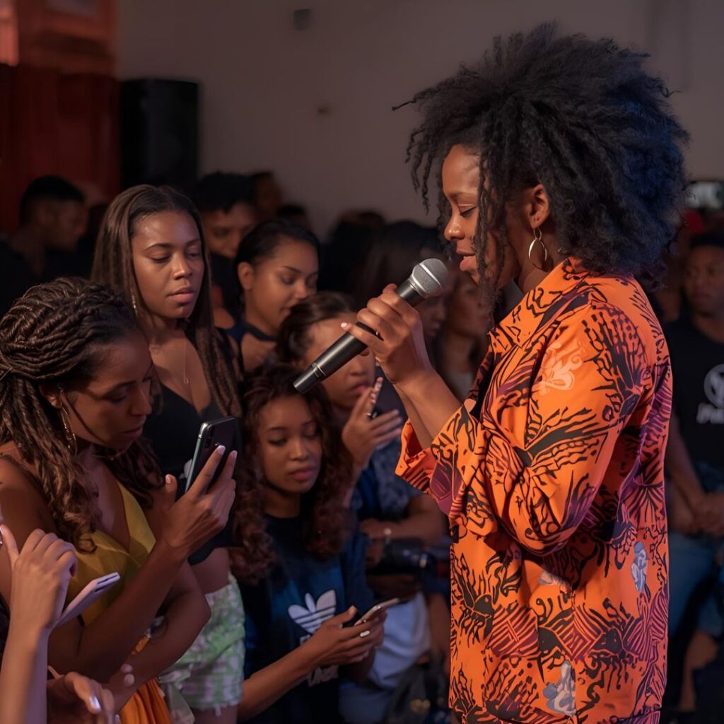 An image showing a musician on stage with an expressionless audience scrolling on phones